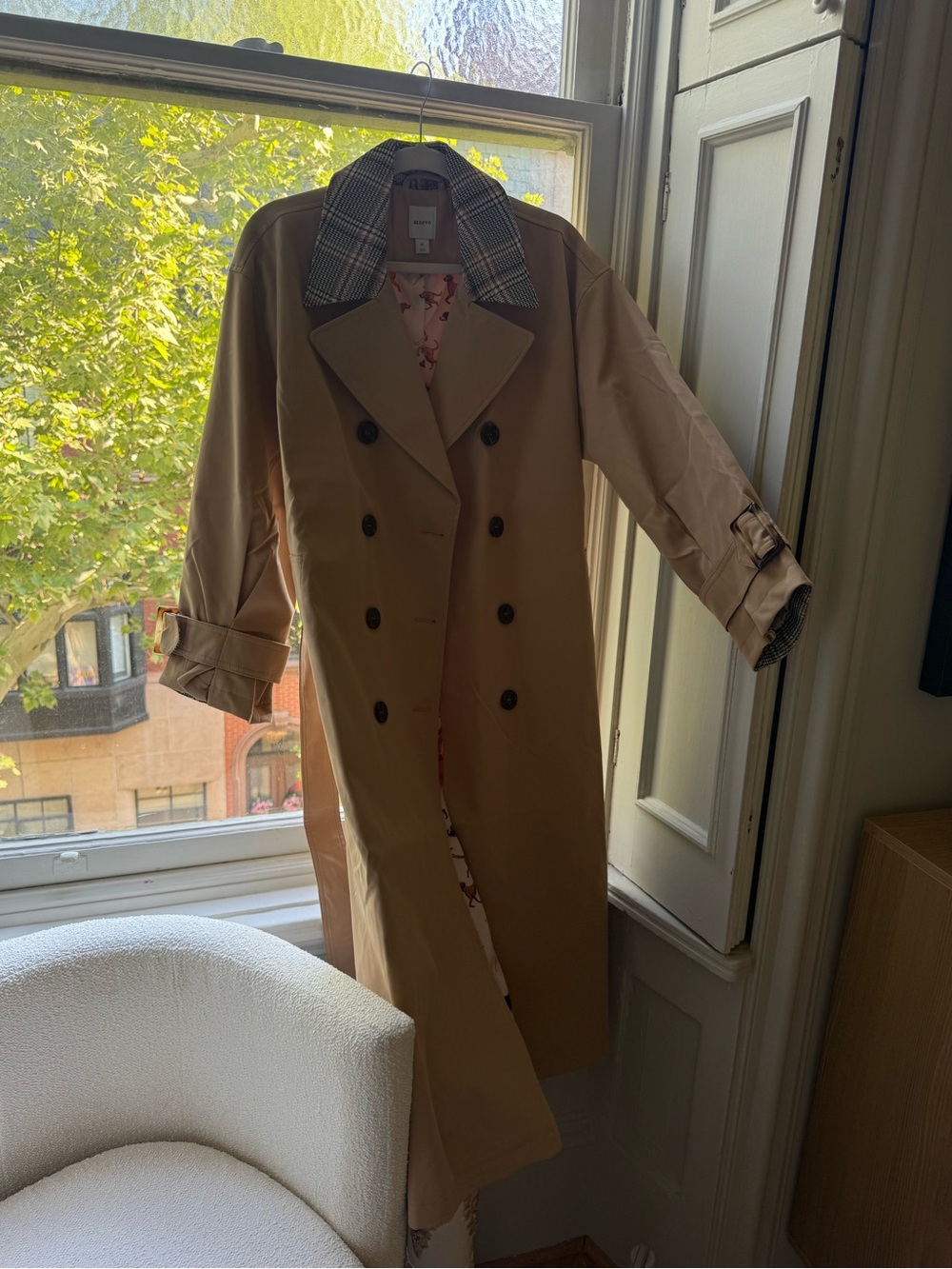 Anthropologie Tan Double-Breasted Trench Coat with Plaid Collar
